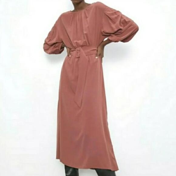 Zara Dresses & Skirts - Zara Rust Pink Peasant Puff Sleeve Midi Dress Cottagecore Boho Size S